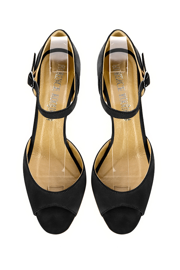 Matt black women's closed back sandals, with an instep strap. Square toe. Medium comma heels. Top view - Florence KOOIJMAN